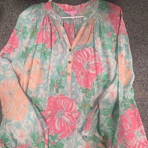 Lilly Pulitzer Pink and Green Floral Elsa Silk Blouse Size Large